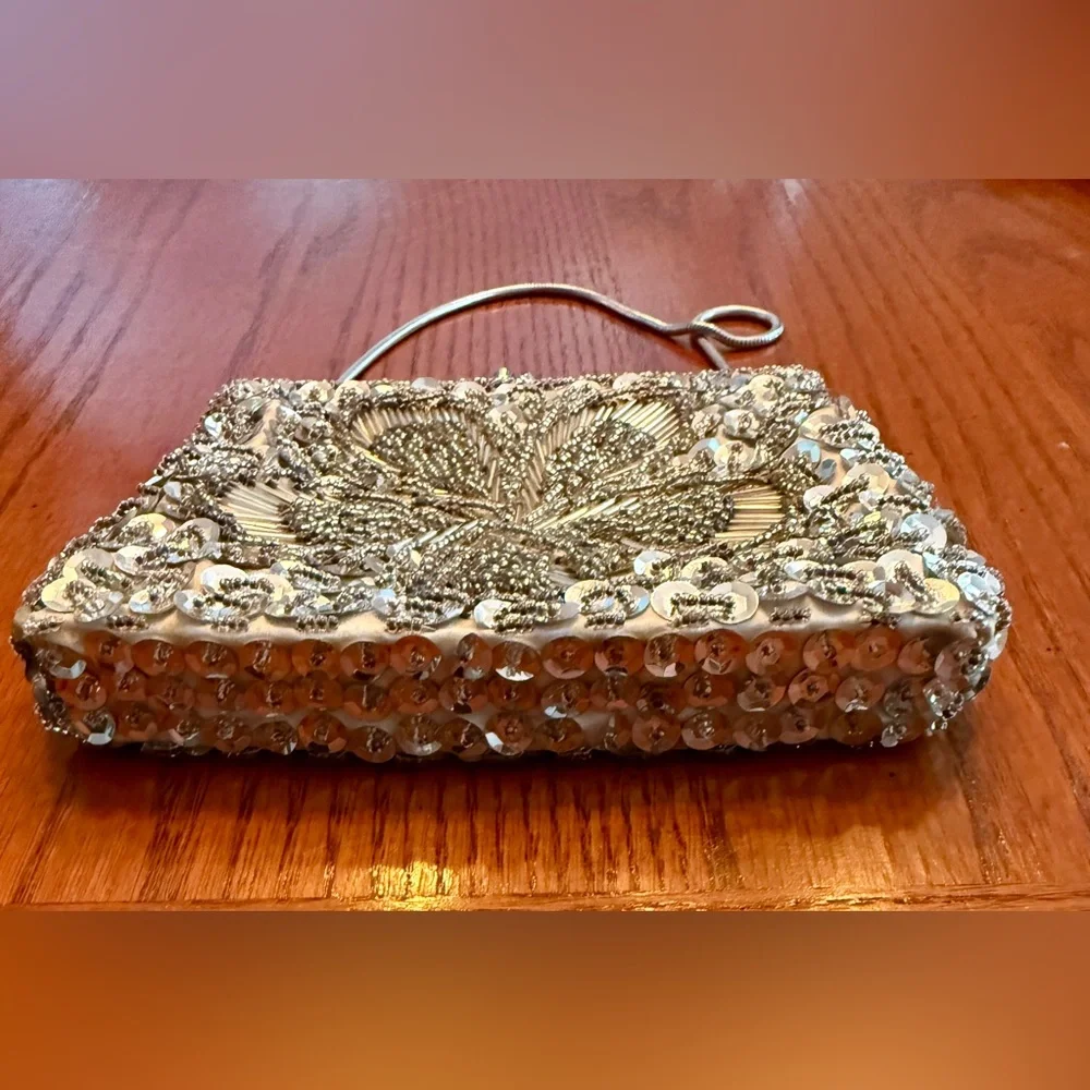 Evening Bag‎ Women Silver Beaded Sequin Floral Vintage Glam Regencycore Wedding